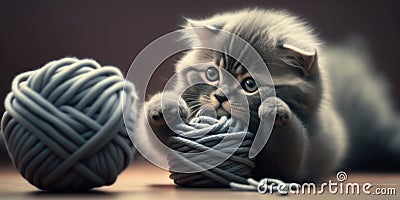 Generative AI illustration of adorable gray fluffy cat lying on floor and playing with blue yarn Cartoon Illustration