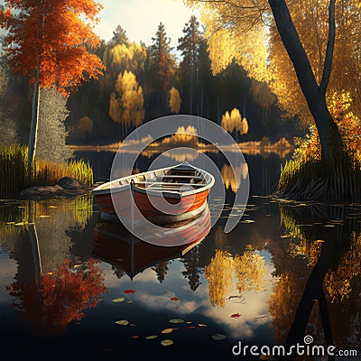 Generative AI illustration of Autumn Fall landscape scene of singe rowing boat on calm lake in forest at sunrise with Fall colors Cartoon Illustration