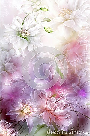 Generative AI illustration of beautiful flowing colorful, wispy calming floral flower background Cartoon Illustration