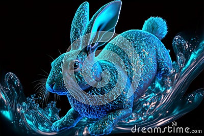 Generative AI illustration of blue horoscope water rabbit wit intricated ornaments concept for Happy Chinese new year 2023 the Cartoon Illustration