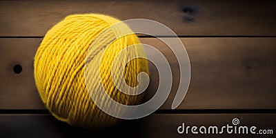 Generative AI illustration of bright yellow woolen yarn ball arranged on wooden floor Cartoon Illustration