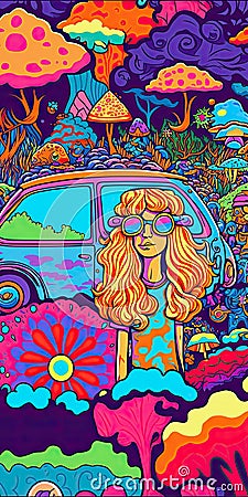 cool colorful psychedelic hippie cartoon, ai midjourney generated Cartoon Illustration