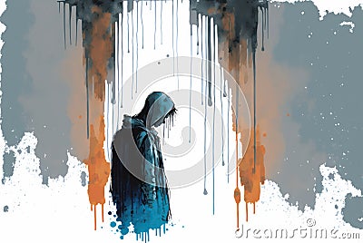 Generative AI illustration of concept image of loneliness, depression and solitude in watercolour painting style Cartoon Illustration