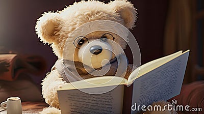 cute white teddybear reading a book Cartoon Illustration