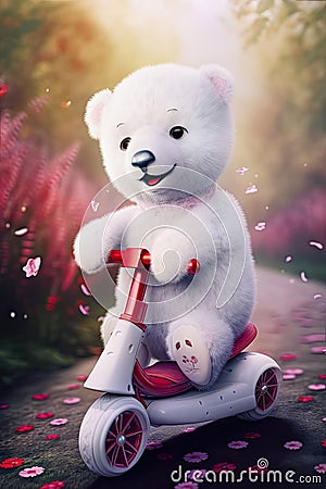cute happy white teddybear driving on a scooter in a park, generative ai Cartoon Illustration