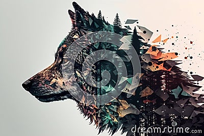 Generative AI illustration of a double exposure of a head of wolf and the forest. Generative AI. Cartoon Illustration