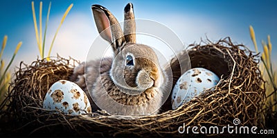 Generative AI illustration of Easter eggs in nest with rabbit Cartoon Illustration