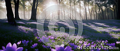 A forest landscape for web design, sunlight filtering through trees, purple flowers blooming on the ground, untouched nature Cartoon Illustration