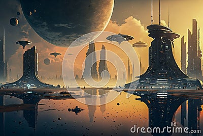 Generative AI illustration of futuristic sci-fi humanoid city on an alien planet with multiple moons and planets above abstract Cartoon Illustration