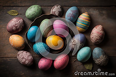 Generative AI illustration of hand painted Easter eggs on vintage wooden background Cartoon Illustration