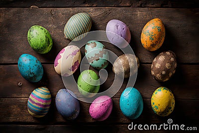 Generative AI illustration of hand painted Easter eggs on vintage wooden background Cartoon Illustration