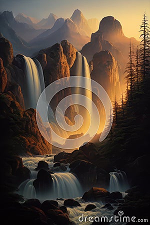 Generative AI illustration image of stunning high waterfall cascading down mountian in stunning valley landscape during golden Cartoon Illustration