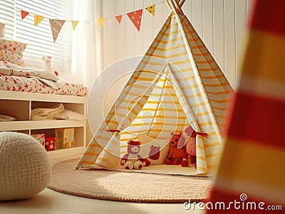 Generative ai illustration of kid teepee tent in children bedroom Cartoon Illustration