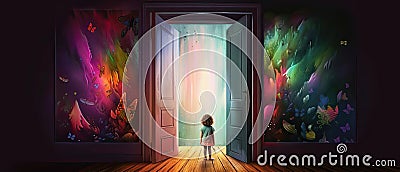 colorful room with a young child looking to a strange landcape, generative ai Cartoon Illustration