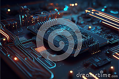 Generative AI illustration of macro shot of circuit cyberspace board with computer motherboard component microchip with chip Cartoon Illustration