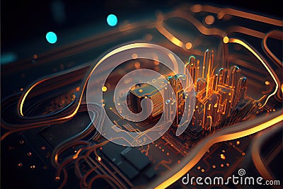 Generative AI illustration of macro shot of circuit cyberspace board with computer motherboard component microchip with chip Cartoon Illustration