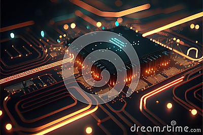 Generative AI illustration of macro shot of circuit cyberspace board with computer motherboard component microchip with chip Cartoon Illustration