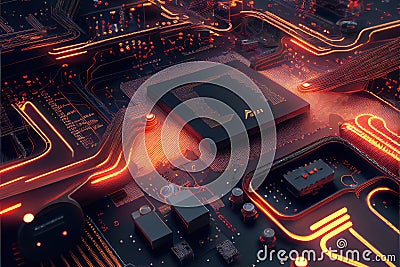 Generative AI illustration of macro shot of circuit cyberspace board with computer motherboard component microchip with chip Cartoon Illustration