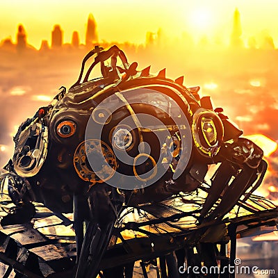 Generative AI illustration of a mechanical steampunk mobile house in the shape of a beetle. Cartoon Illustration