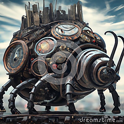 Generative AI illustration of a mechanical steampunk mobile house in the shape of a beetle. Cartoon Illustration