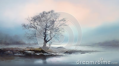 Generative Ai Illustration. Misty tree landscape Stock Photo
