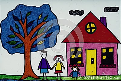 Generative AI illustration of naive art innocent childlike drawing of family and home Cartoon Illustration