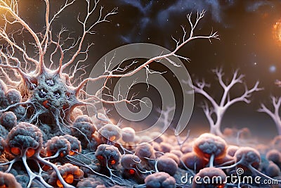 Generative AI illustration of neurons affected by dementia, showing destruction, synaptic loss, and brain function Cartoon Illustration