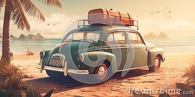 A generative AI illustration of an old car on a beach with luggage, featuring tropical symbolism Cartoon Illustration