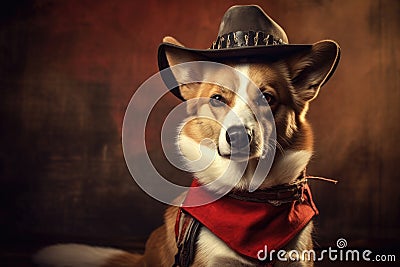 Generative AI Illustration of a Pembroke Welsh Corgi dressed as a cowboy Stock Photo
