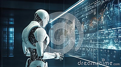 This generative AI illustration portrays a robotic humanoid scrutinizing advanced scientific equations and data on a large monitor Cartoon Illustration