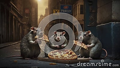 Generative AI illustration from rats eating pizza in town street Cartoon Illustration