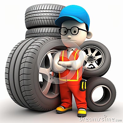Generative AI illustration of serious male mechanic in uniform and cap standing near pile with wheels with crossed arms on white Cartoon Illustration
