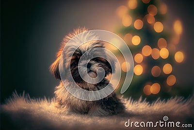 Generative AI illustration of Shih Tzu cute adorable puppy sitting in front of Christmas tree Cartoon Illustration