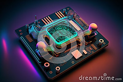 Futuristic Chip Hardware Device in Neon Colors - Processor CPU - Generative AI Illustration Cartoon Illustration