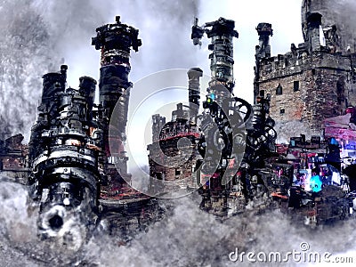 Generative AI illustration of a steampunk mechanical themed mediaeval castle with smoke stack turrets. Cartoon Illustration