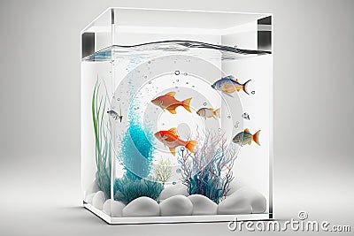clear square glass aquarium with goldfishes, ai midjourney generated Cartoon Illustration