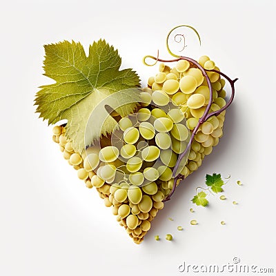 Generative AI illustration of top view of heart shaped vine of fresh ripe green grapes with leaves placed on white background Cartoon Illustration