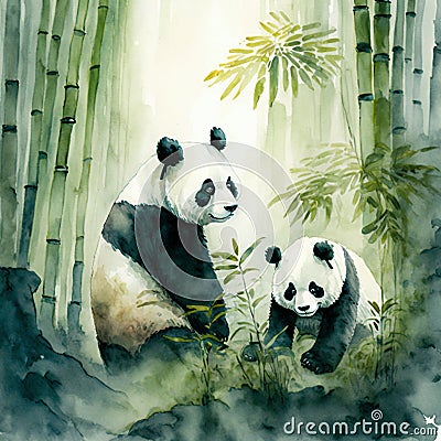 Generative AI illustration of watercolour style image of endangered giant pandas in bamboo forest jungle landscape Cartoon Illustration