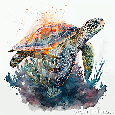 Generative AI illustration of watercolour style image of endangered hawksbill turtle swimming underwater in the ocean Cartoon Illustration