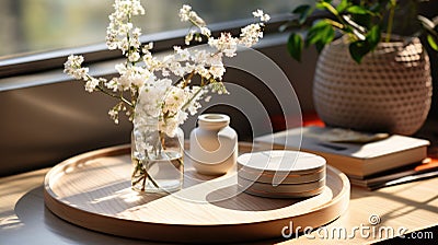 Generative ai illustration of wood table counter podium, gray vase, white bouquet flower Cartoon Illustration