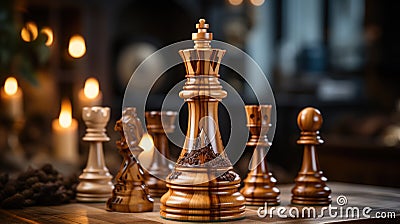 Generative ai illustration of wooden chess board with pieces in close up Cartoon Illustration