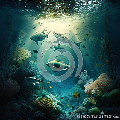 Generative AI illustrations, Animals of the underwater sea world. Ecosystem Cartoon Illustration