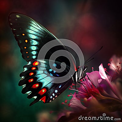 Generative AI illustrations, Beautiful pink flower Cosmos bipinnatus and butterfly on natural green-yellow Cartoon Illustration