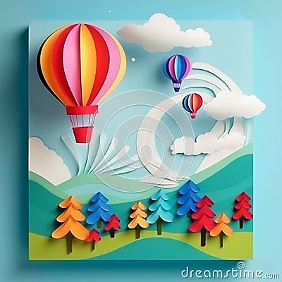 Generative AI illustrations, Flying Paper cut balloons. Colorful Greeting card Cartoon Illustration