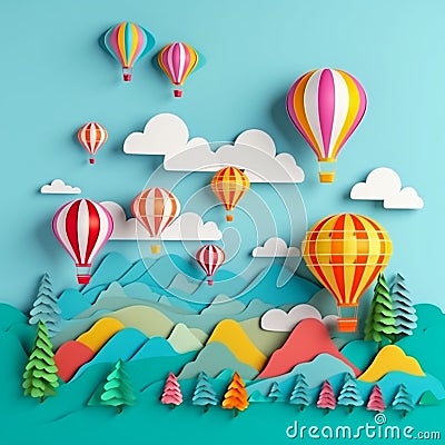 Generative AI illustrations, Flying Paper cut balloons. Colorful greeting card. Cartoon Illustration