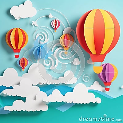 Generative AI illustrations, Flying Paper cut balloons. Colorful Greeting card Cartoon Illustration