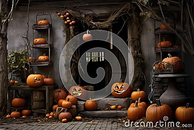 Generative Ai illustrations, halloween pumpkins decorations house, cool decorations ideas Cartoon Illustration