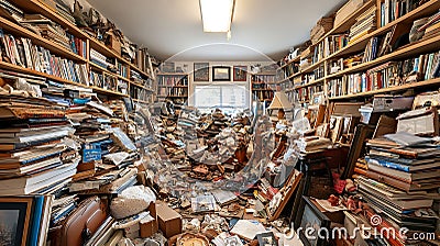 Generative AI Image of Abandoned Ancient Old Library with Dirty Slum Messy Broken Bookshelf Books Stock Photo