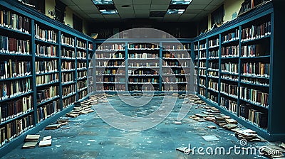 Generative AI Image of Abandoned Ancient Old Library with Dirty Slum Messy Broken Bookshelf Books Stock Photo