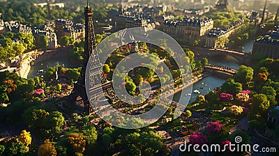 Generative AI Image of Aerial View Majestic Eiffel Tower Surrounded at Green Forest Stock Photo